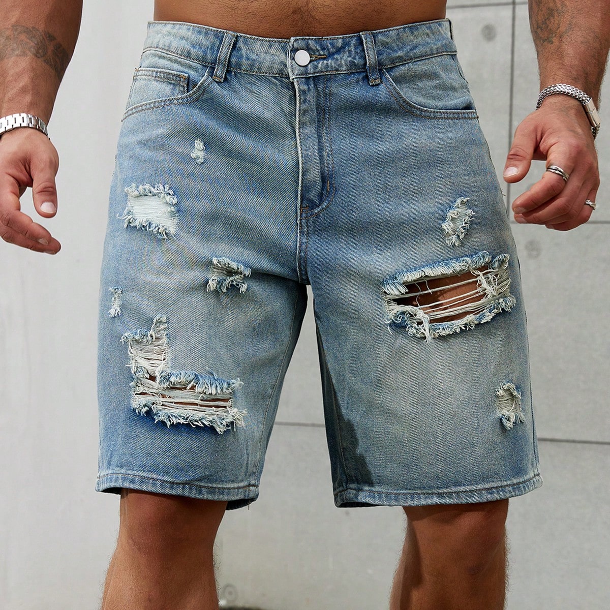 Streetwear Brands - جينز قطني قصير ممزق للرجال ،
